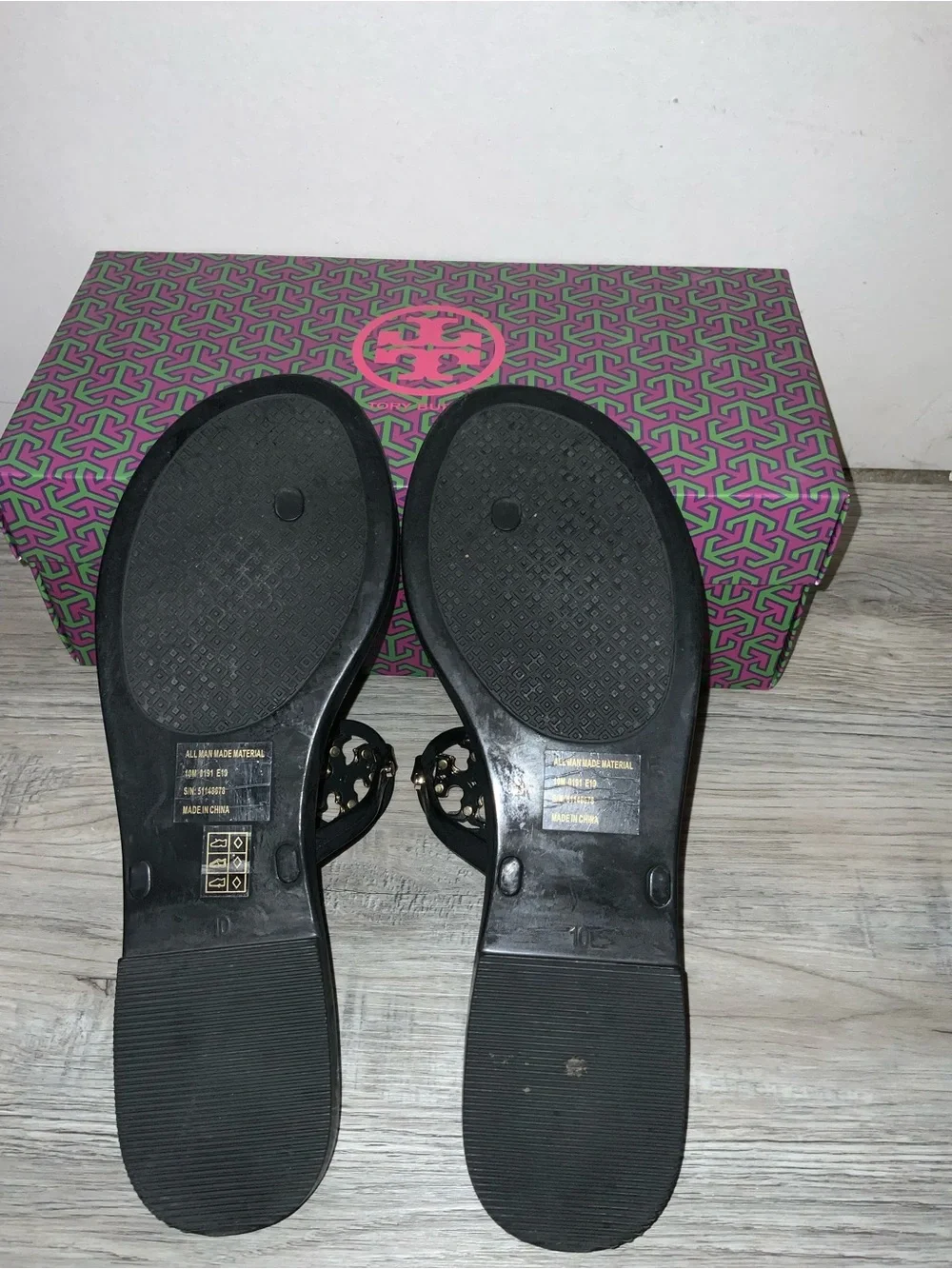 Tory Burch Black Logo Thong Sandals with Gold Medallion